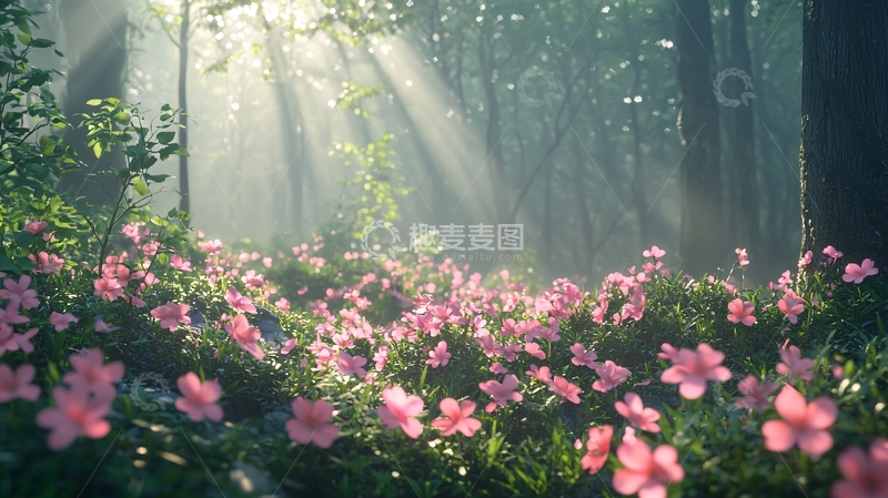 高清大图下载【趣麦麦图】阳光穿过树林照射花朵