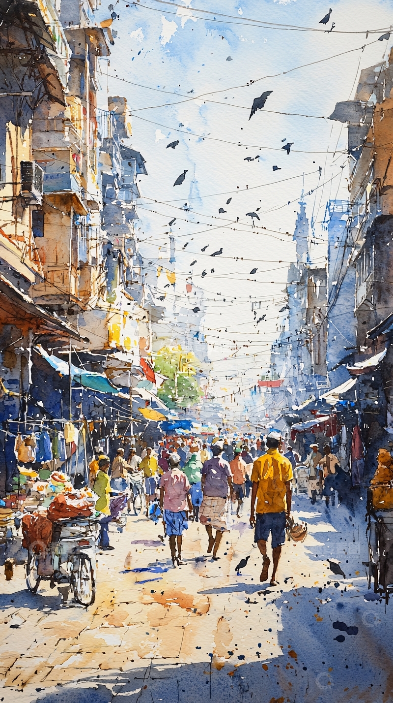 高清大图下载【趣麦麦图】印度街道水彩画