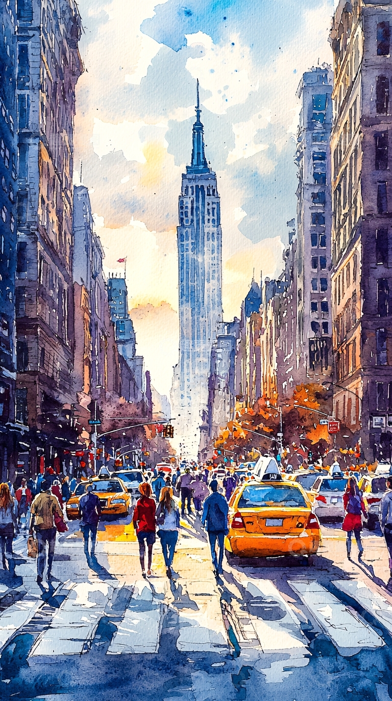 高清大图下载【趣麦麦图】纽约街景水彩画