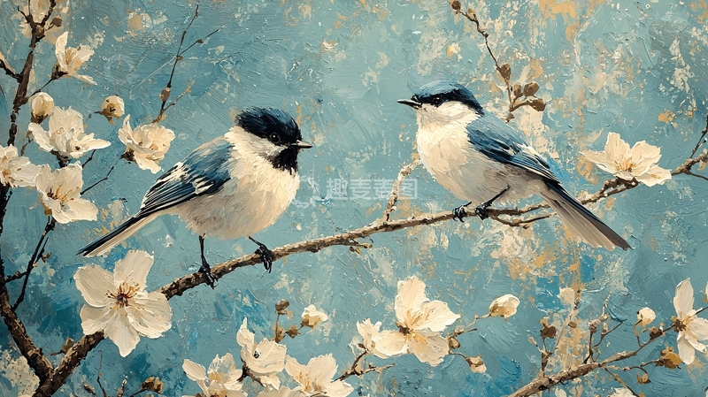 高清大图下载【趣麦麦图】蓝天白花枝头鸟
