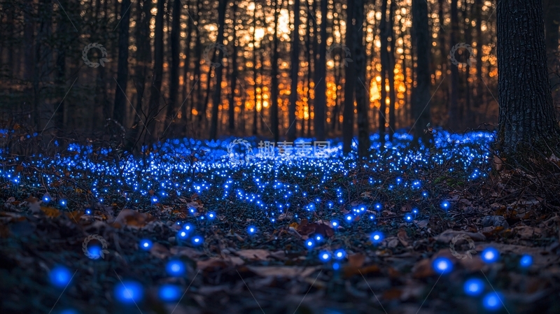 高清大图下载【趣麦麦图】森林日落萤火虫
