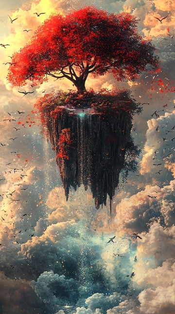 漂浮岛屿上的红枫树