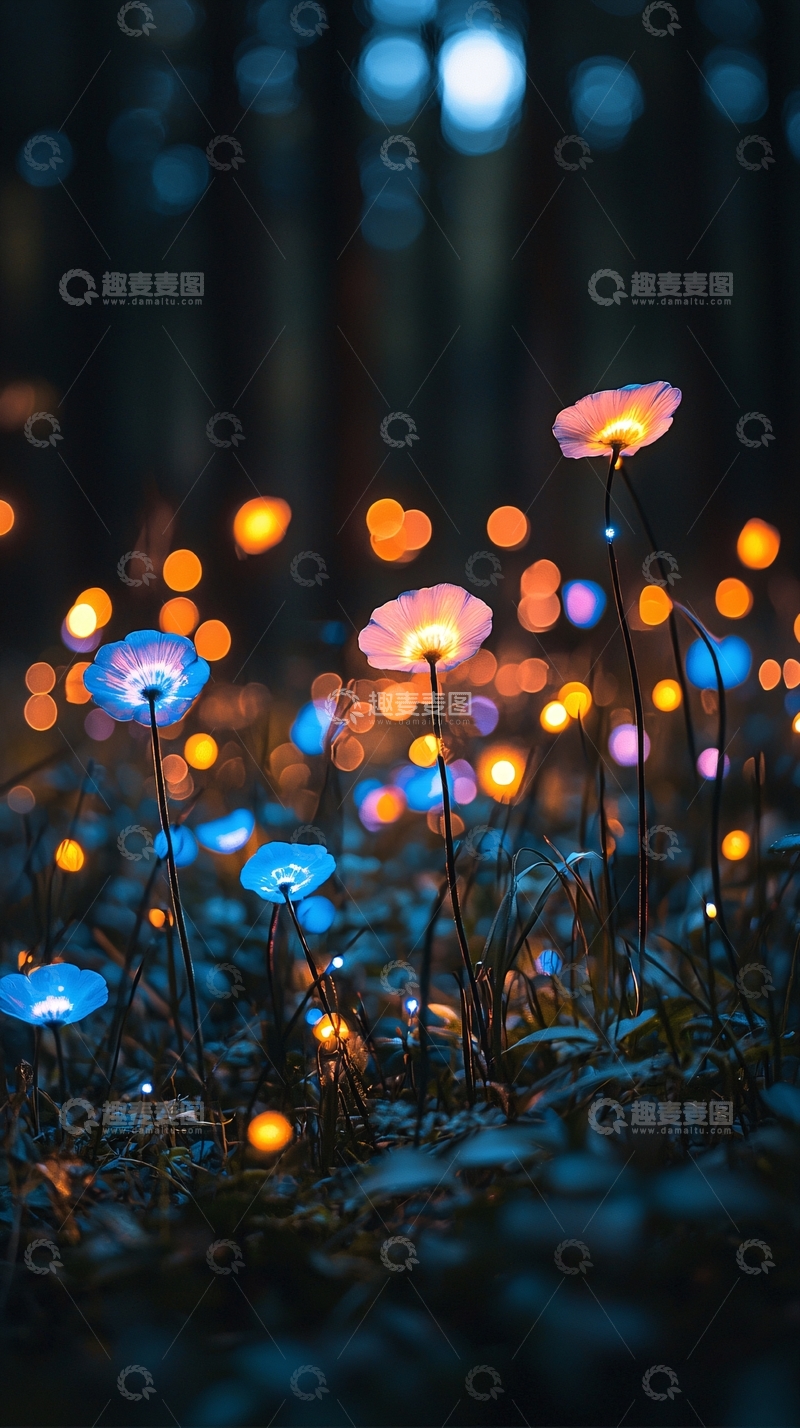 高清大图下载【趣麦麦图】夜空下发光的奇幻花田