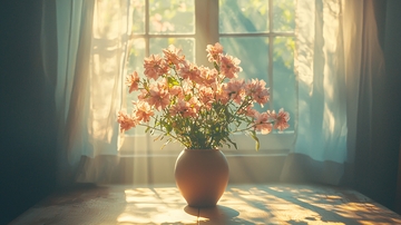 阳光洒在窗台的花瓶