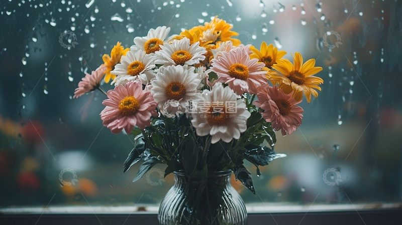 高清大图下载【趣麦麦图】雨中窗台雏菊花束