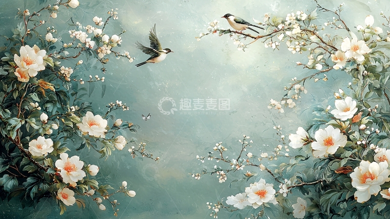 高清大图下载【趣麦麦图】唯美花鸟水彩背景墙