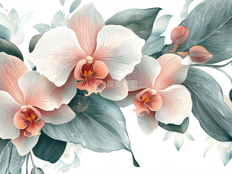 高清大图下载【趣麦麦图】淡粉色兰花绿叶装饰画