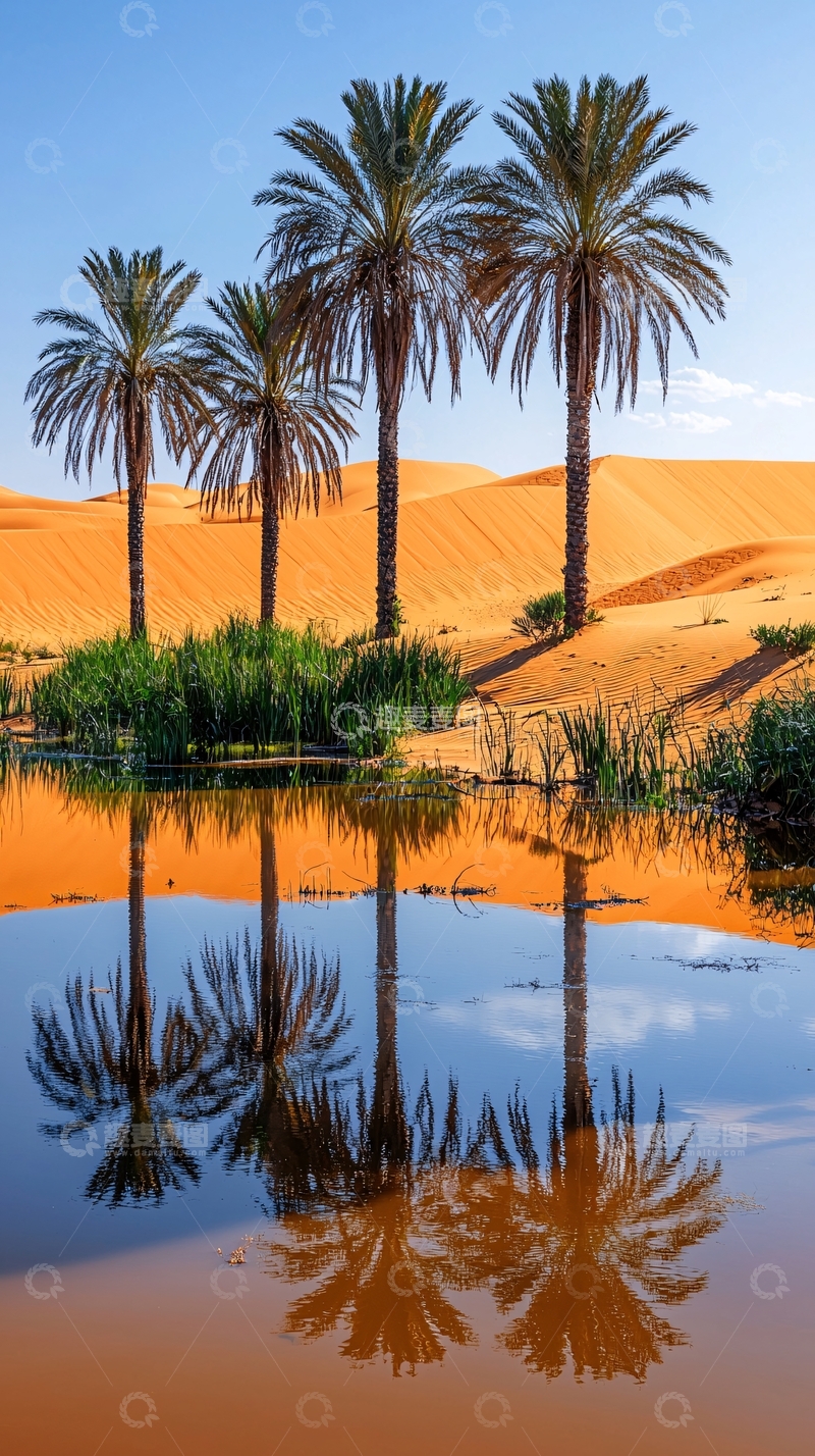 高清大图下载【趣麦麦图】沙漠绿洲棕榈树倒影