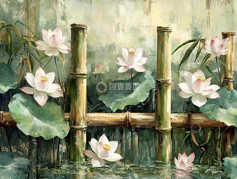 高清大图下载【趣麦麦图】水墨荷花竹篱笆