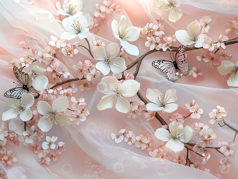 高清大图下载【趣麦麦图】粉色花朵蝴蝶轻纱背景