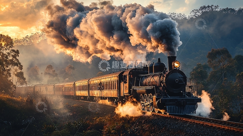 高清大图下载【趣麦麦图】蒸汽火车日落美景