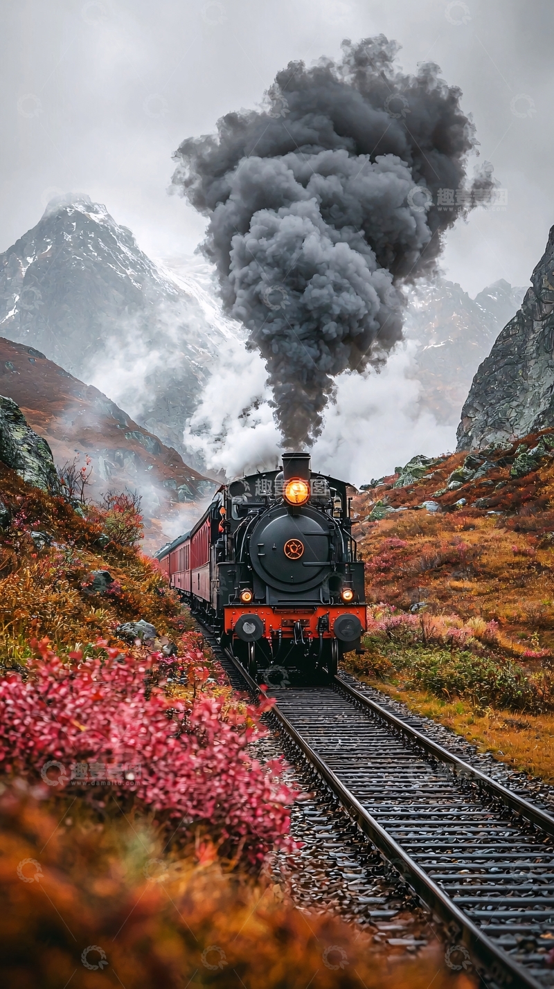 高清大图下载【趣麦麦图】蒸汽火车在山间行驶