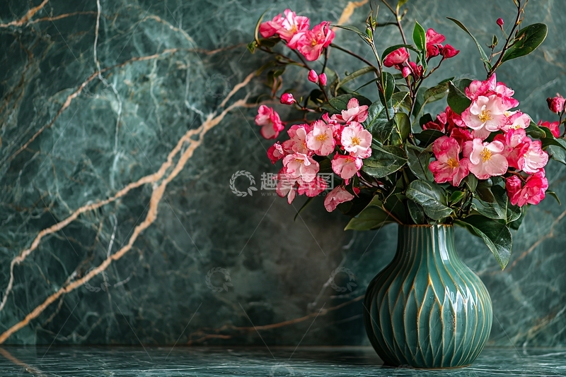 高清大图下载【趣麦麦图】绿玉大理石背景粉色花卉