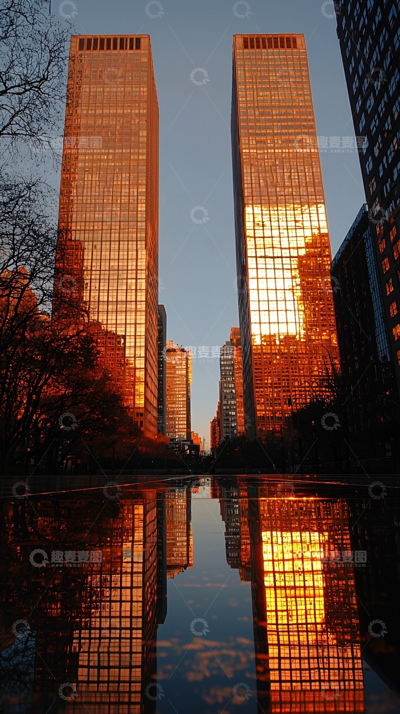 高清大图下载【趣麦麦图】日落时分双子塔倒影