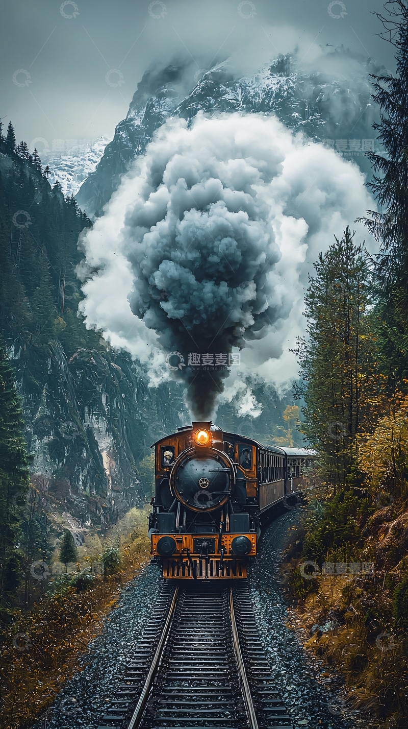 高清大图下载【趣麦麦图】蒸汽火车山谷雪山