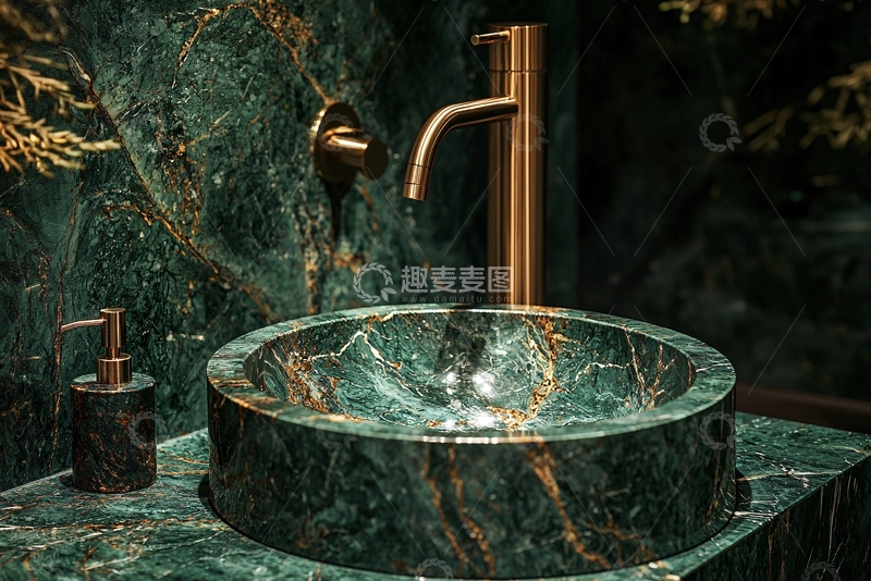 高清大图下载【趣麦麦图】墨绿色大理石洗手盆