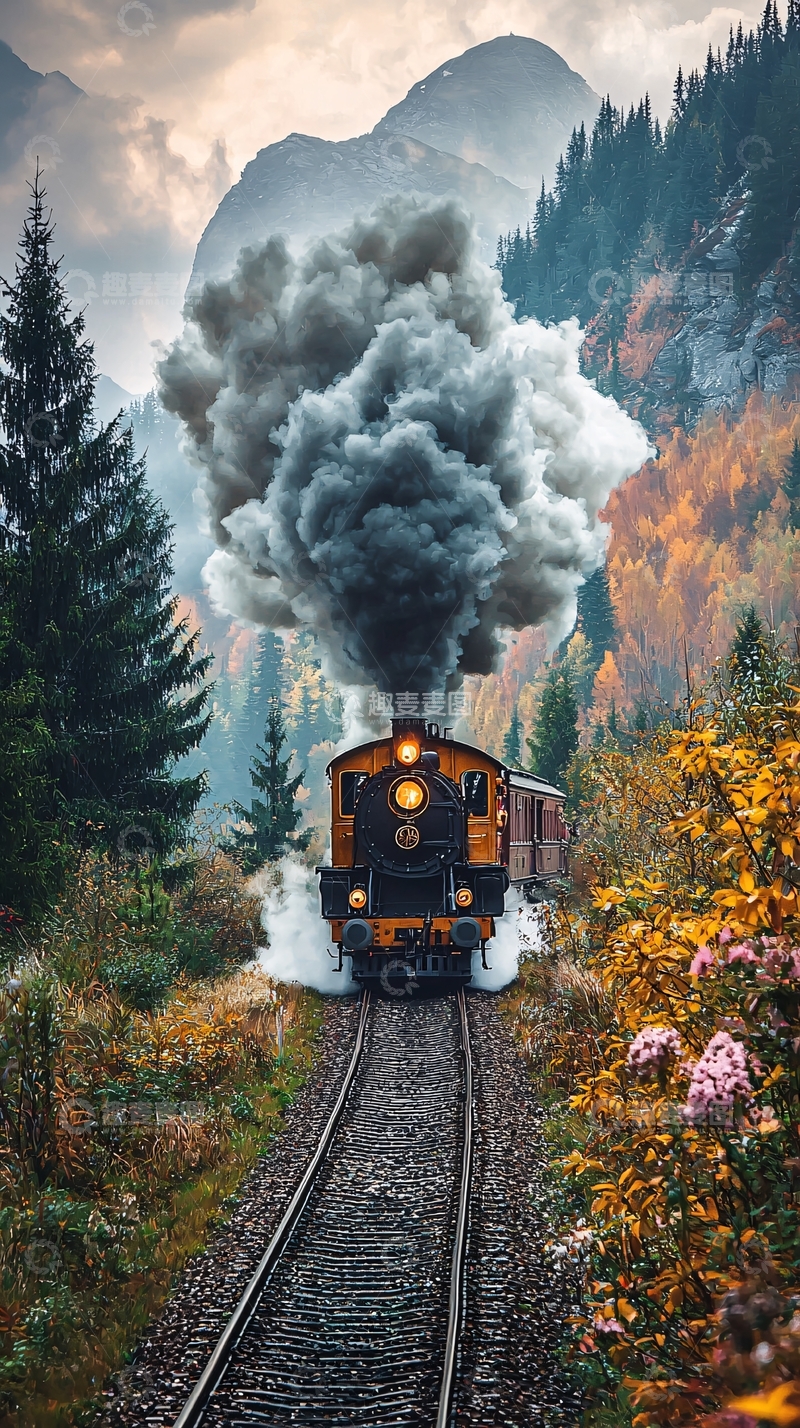 高清大图下载【趣麦麦图】蒸汽火车山间穿梭