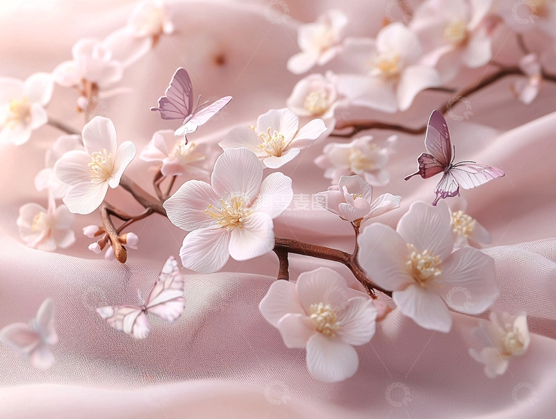 高清大图下载【趣麦麦图】粉色布料上的樱花和蝴蝶