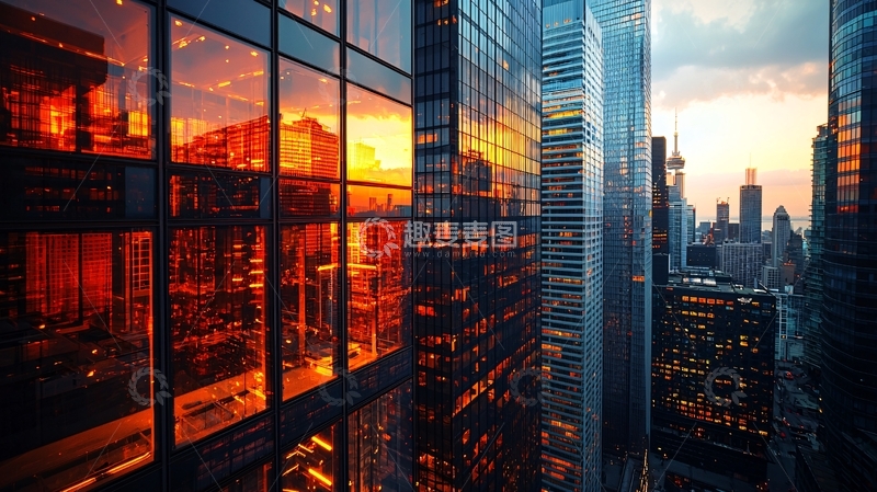 高清大图下载【趣麦麦图】摩天大楼夕阳倒影