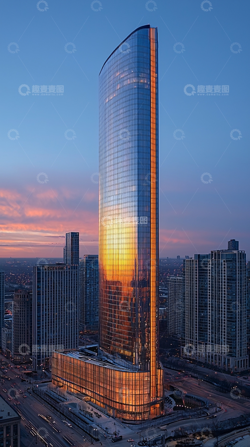 高清大图下载【趣麦麦图】芝加哥摩天大楼日落剪影