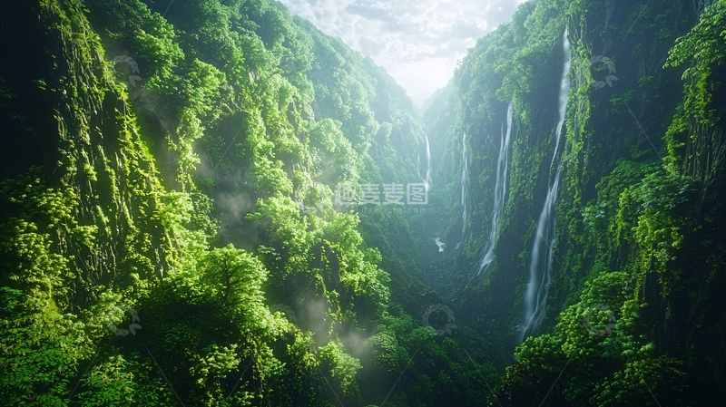 高清大图下载【趣麦麦图】峡谷瀑布绿色植物