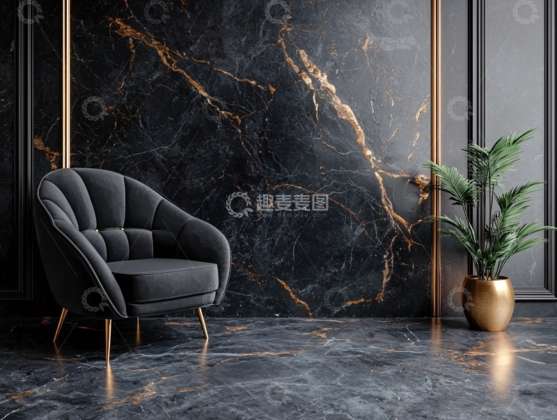 高清大图下载【趣麦麦图】黑色大理石纹理背景下的椅子和盆栽