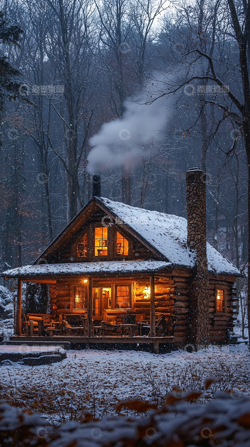 高清大图下载【趣麦麦图】冬夜森林小屋