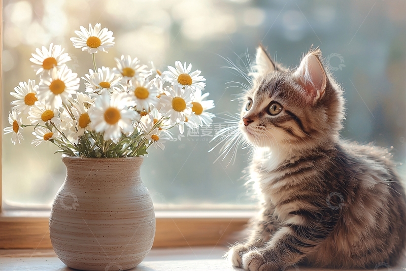 高清大图下载【趣麦麦图】小猫与雏菊花束