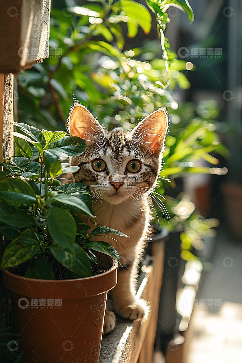 高清大图下载【趣麦麦图】小猫在绿植花盆旁