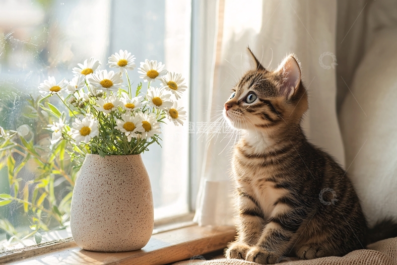 高清大图下载【趣麦麦图】小猫和雏菊在窗边