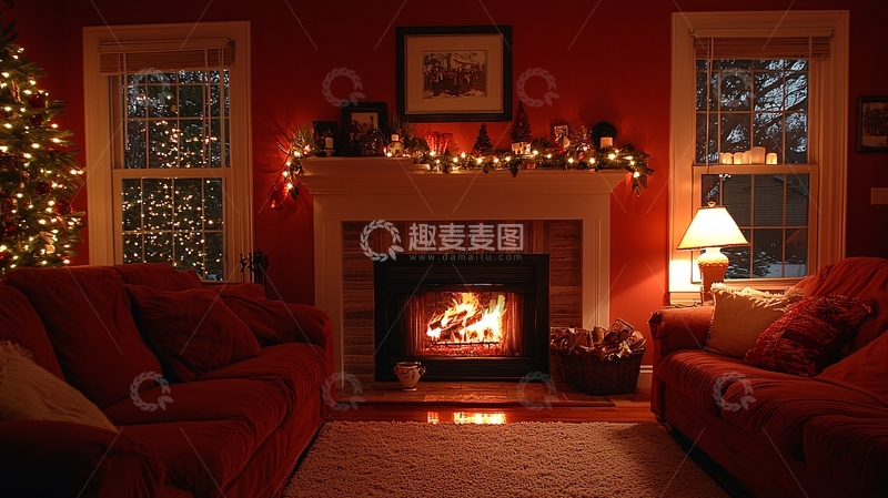 高清大图下载【趣麦麦图】红色墙壁壁炉圣诞节客厅
