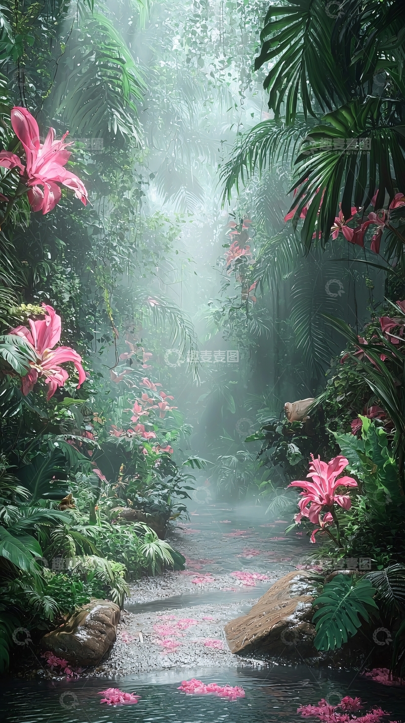 高清大图下载【趣麦麦图】雾气弥漫的热带雨林小溪