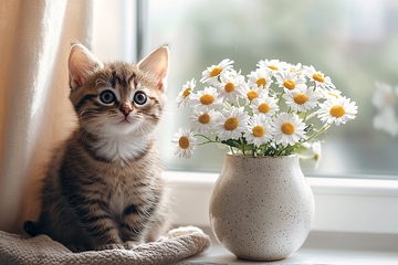 小猫雏菊窗边