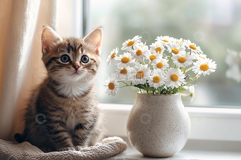 高清大图下载【趣麦麦图】小猫雏菊窗边