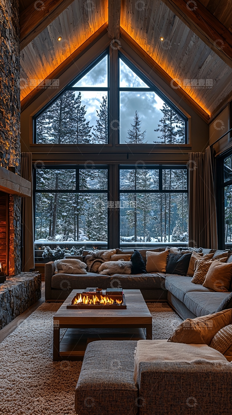 高清大图下载【趣麦麦图】冬日雪景山林别墅客厅