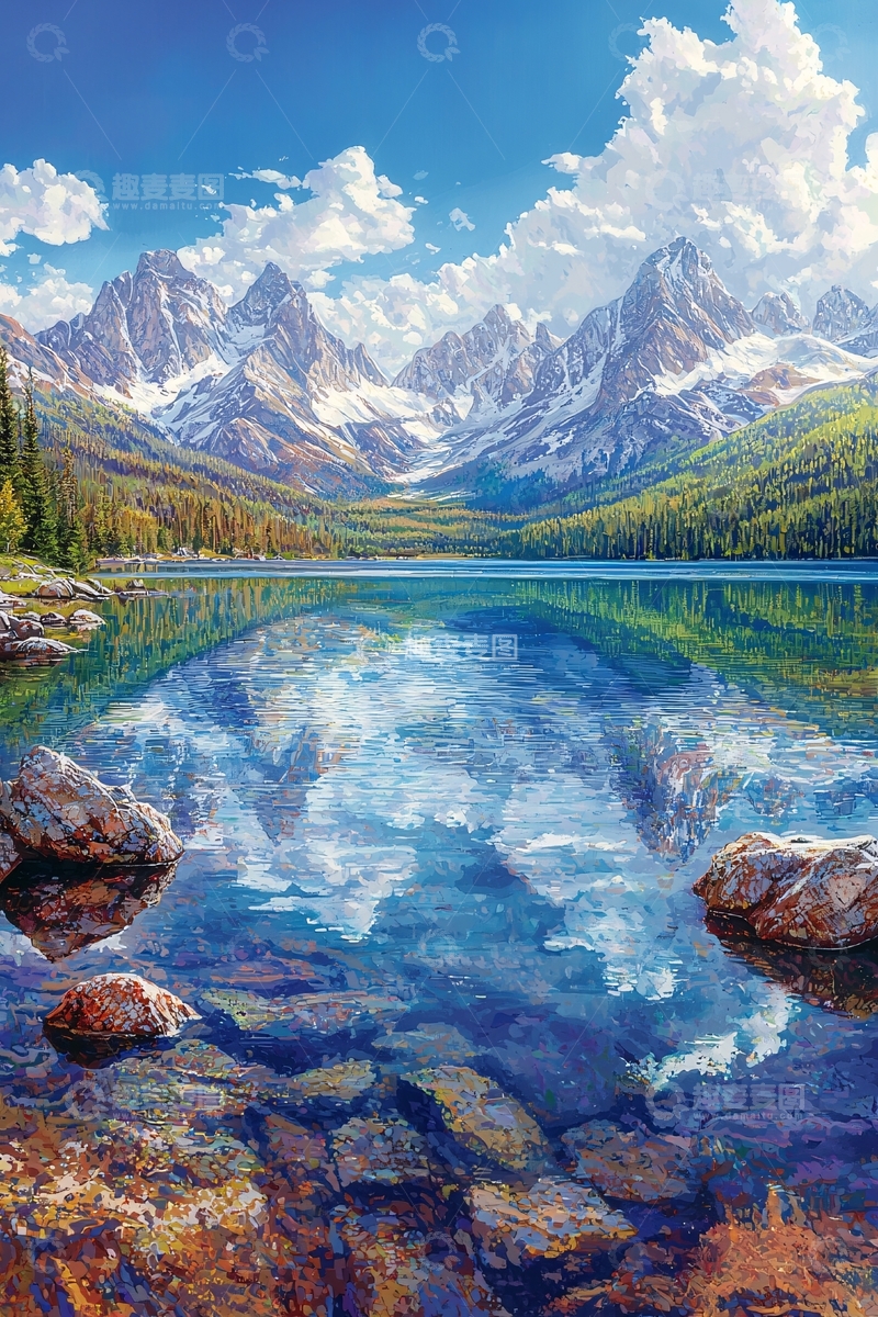 高清大图下载【趣麦麦图】雪山湖泊倒影