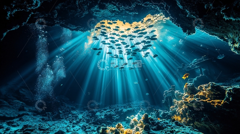 高清大图下载【趣麦麦图】海底洞穴鱼群光线