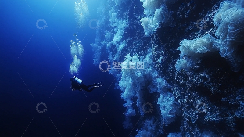 高清大图下载【趣麦麦图】深海潜水员峭壁珊瑚