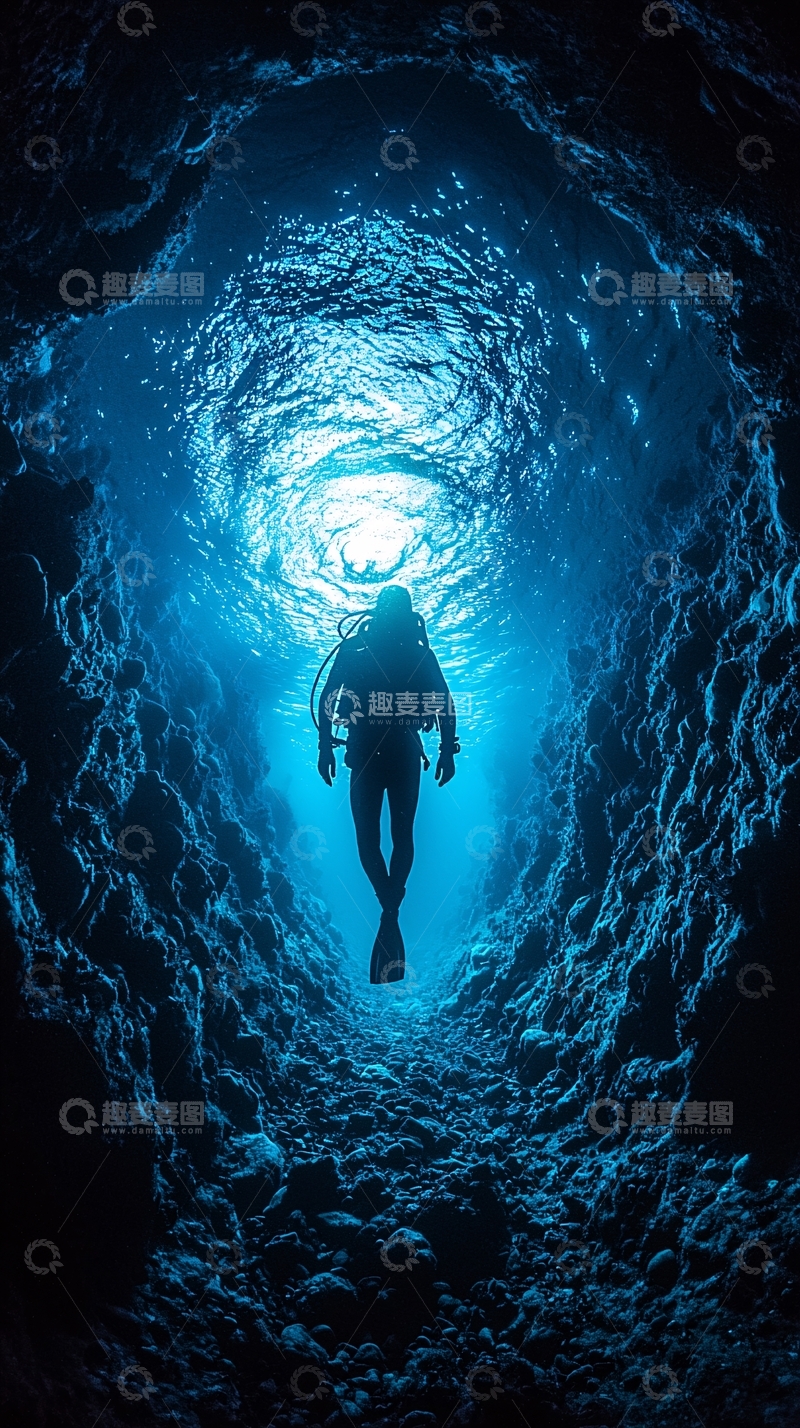高清大图下载【趣麦麦图】潜水员在水下洞穴