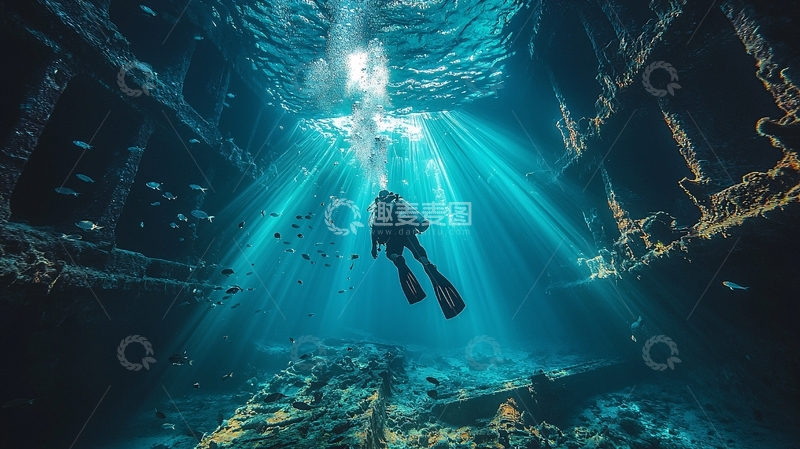 高清大图下载【趣麦麦图】潜水员沉船阳光透射