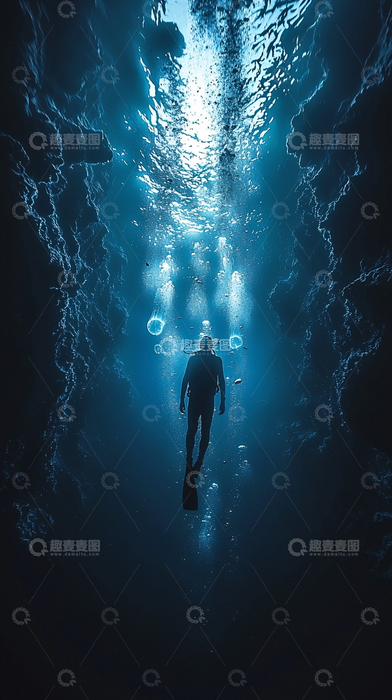 高清大图下载【趣麦麦图】深海潜水员剪影