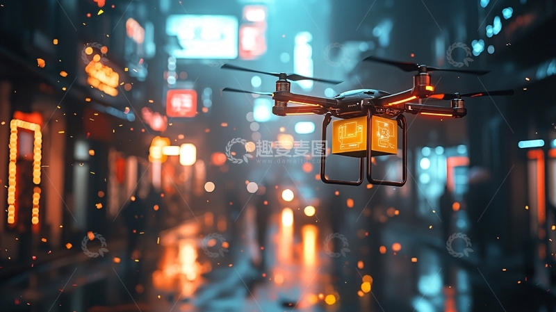 高清大图下载【趣麦麦图】夜晚城市无人机送货