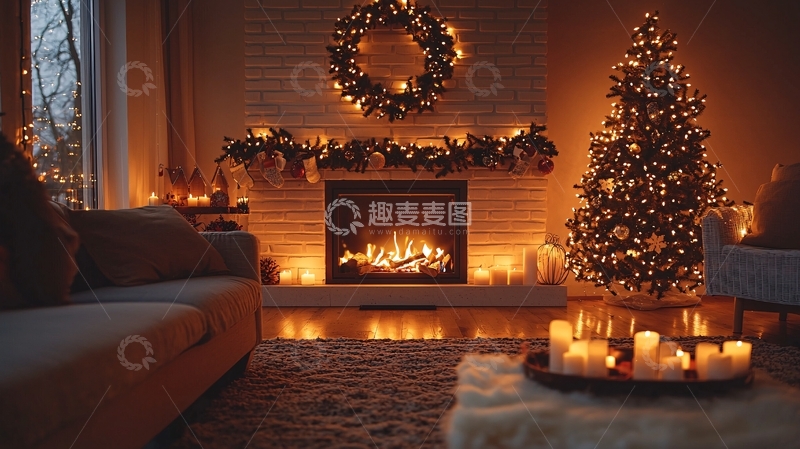 高清大图下载【趣麦麦图】温馨舒适的圣诞节壁炉房间
