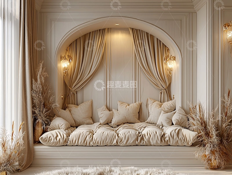 高清大图下载【趣麦麦图】轻奢风拱形窗帘飘窗榻榻米