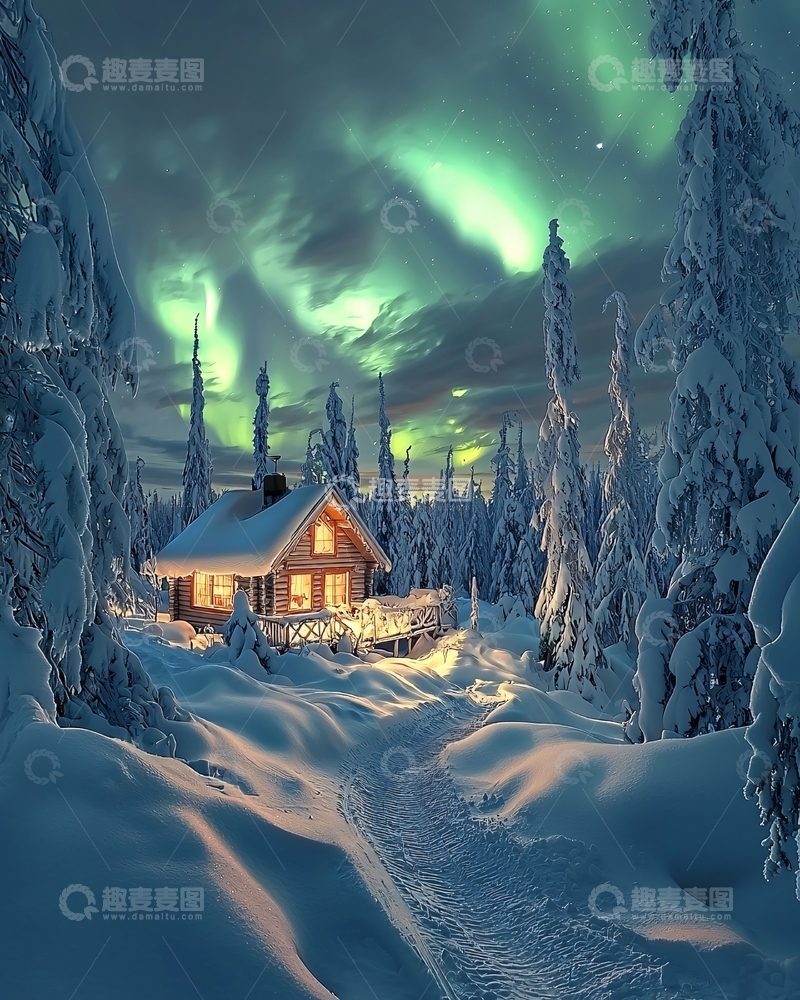 高清大图下载【趣麦麦图】极光下的雪屋