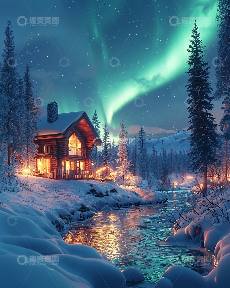 高清大图下载【趣麦麦图】极光下的雪地木屋