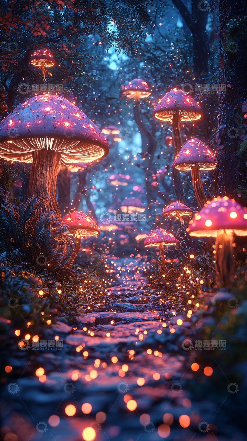高清大图下载【趣麦麦图】发光蘑菇森林小路