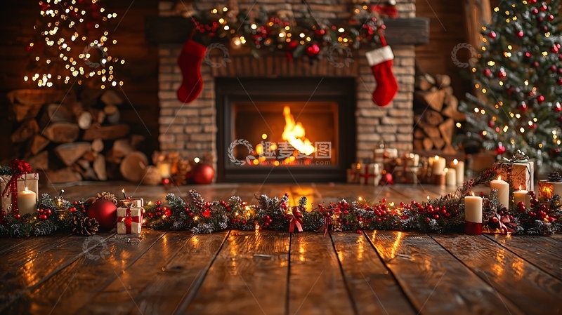 高清大图下载【趣麦麦图】圣诞节壁炉温暖家庭