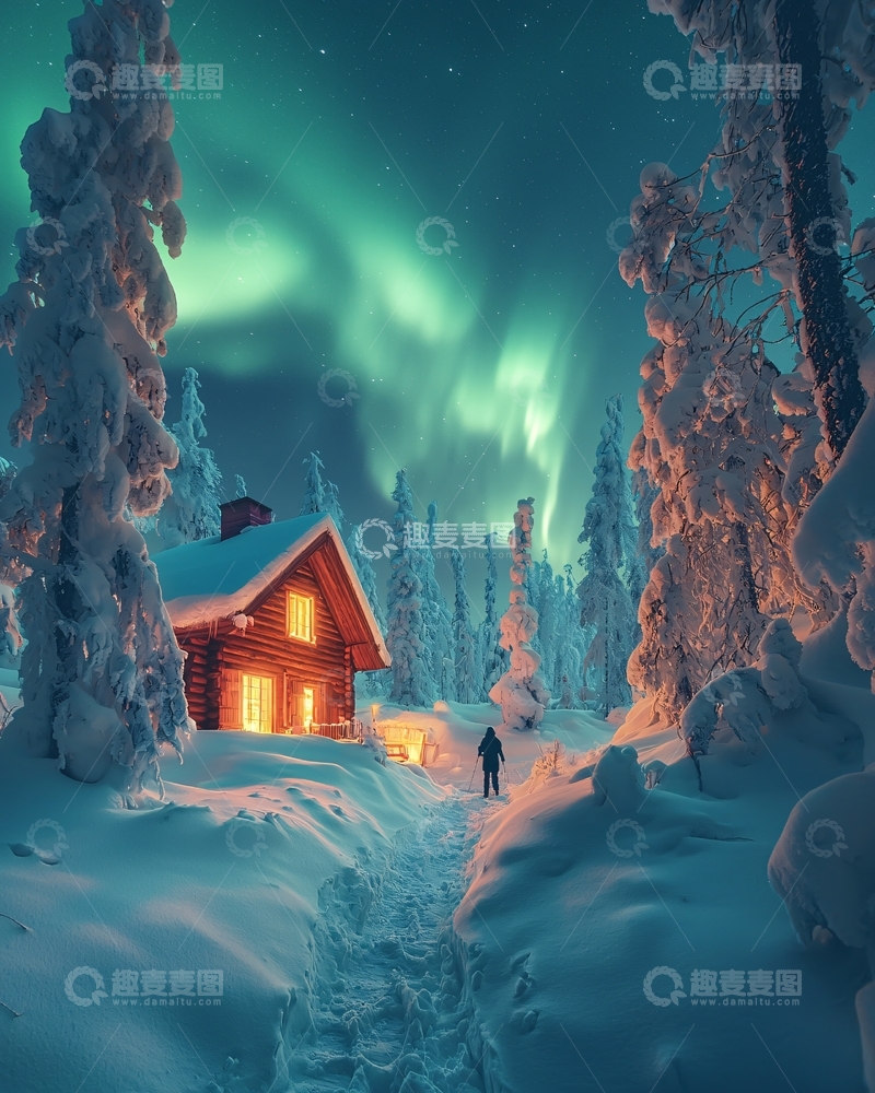 高清大图下载【趣麦麦图】极光下的雪屋