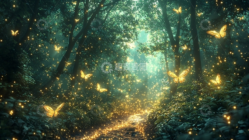 高清大图下载【趣麦麦图】萤火虫蝴蝶森林小路